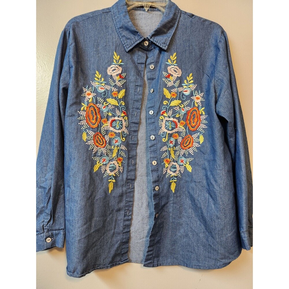 Zanzea Collection Womans Size XL Blue Button Down Embroidered Top